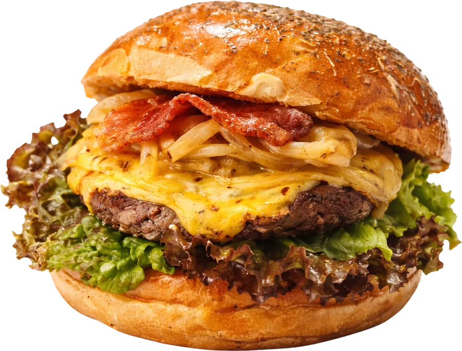 Hamburguesa Guzzler Clásica con tocino, queso derretido y cebolla caramelizada