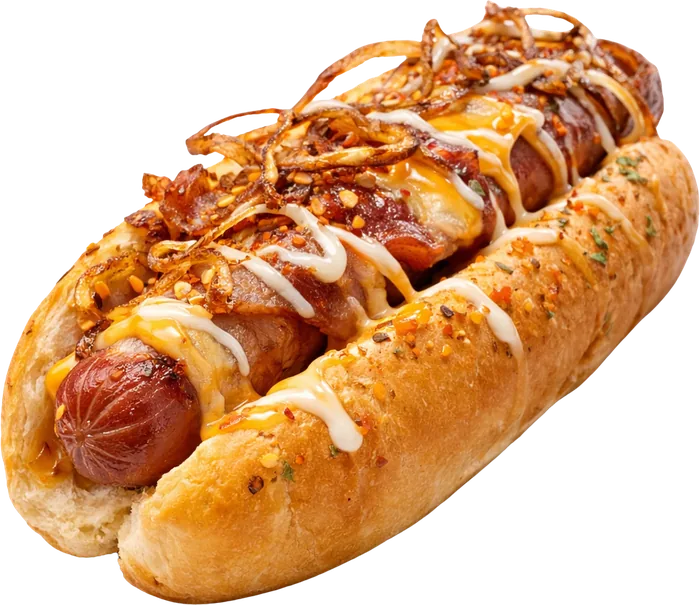 Guzz Dog con tocino, queso y cebolla crujiente