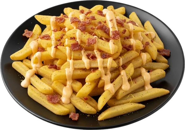 Papas a la francesa preparadas con tocino y aderezo