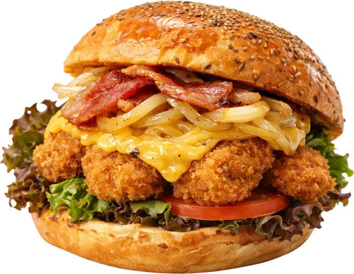 Hamburguesa de pollo empanizado con tocino y queso